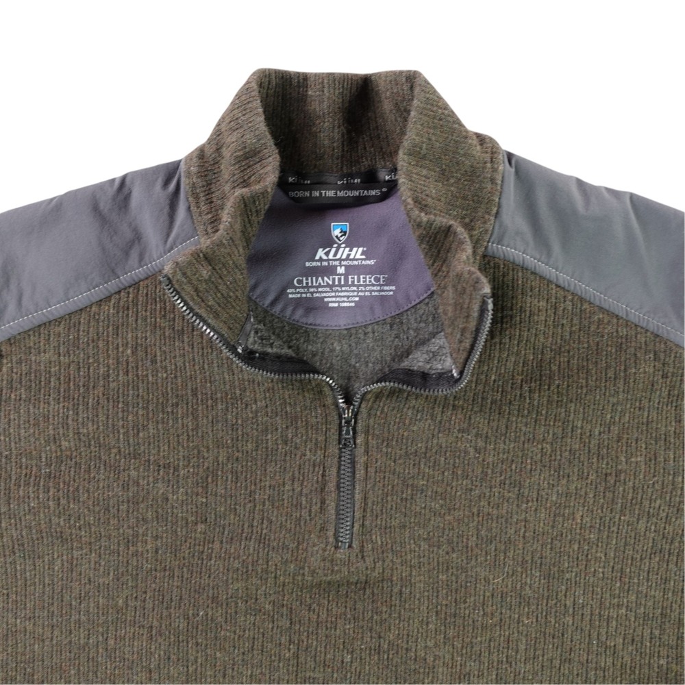 KUHL Chianti Fleece Pullover Mens Medium Olive Green Wool Blend 1/4 Zip Thor